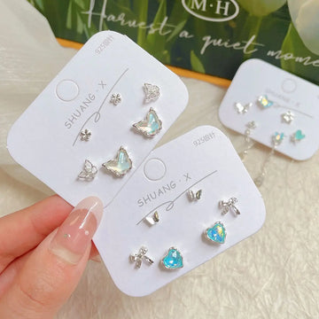 DAIIIBABYYY  -  Summer Sea Blue Color Heart Butterfly Stud Earrings Set for Women Korean Fashion Sweet Rhinestone Tassel Earring Jewelry